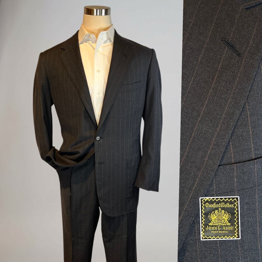 Vtg Oxxford Suit 44L 39x29 Gray-Black Subtle Red Stripe 1/4 Lined High Rise